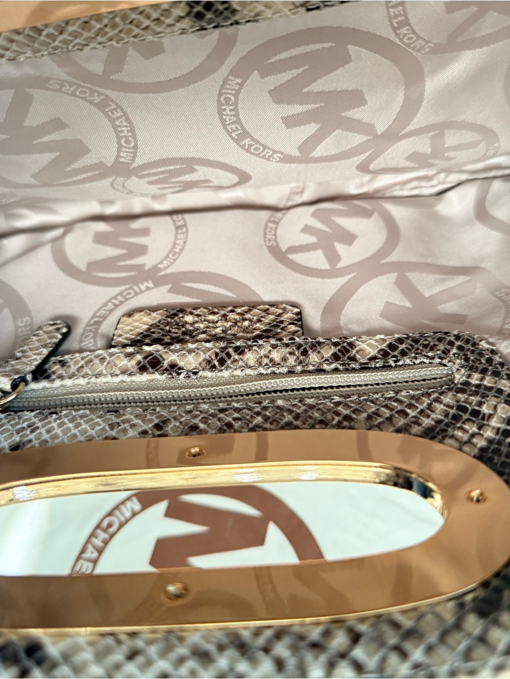Michael Kors Snake-Print Clutch in Beige and Brown with Gold Handle - Picture 6 of 8